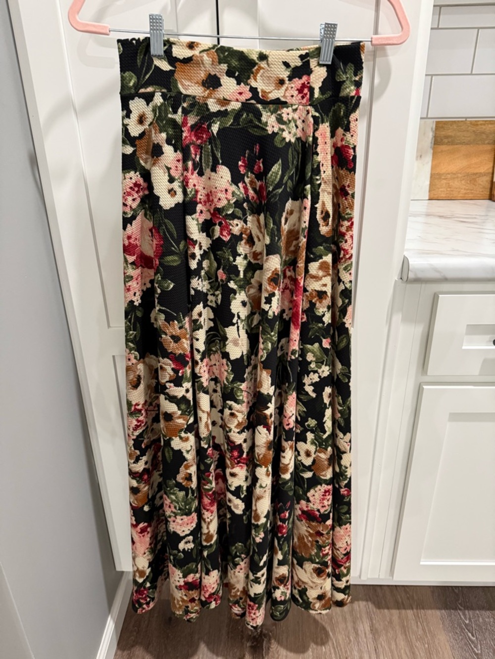 LuLaRoe Black Maxi Skirt with Pink, Cream and Green Floral Print